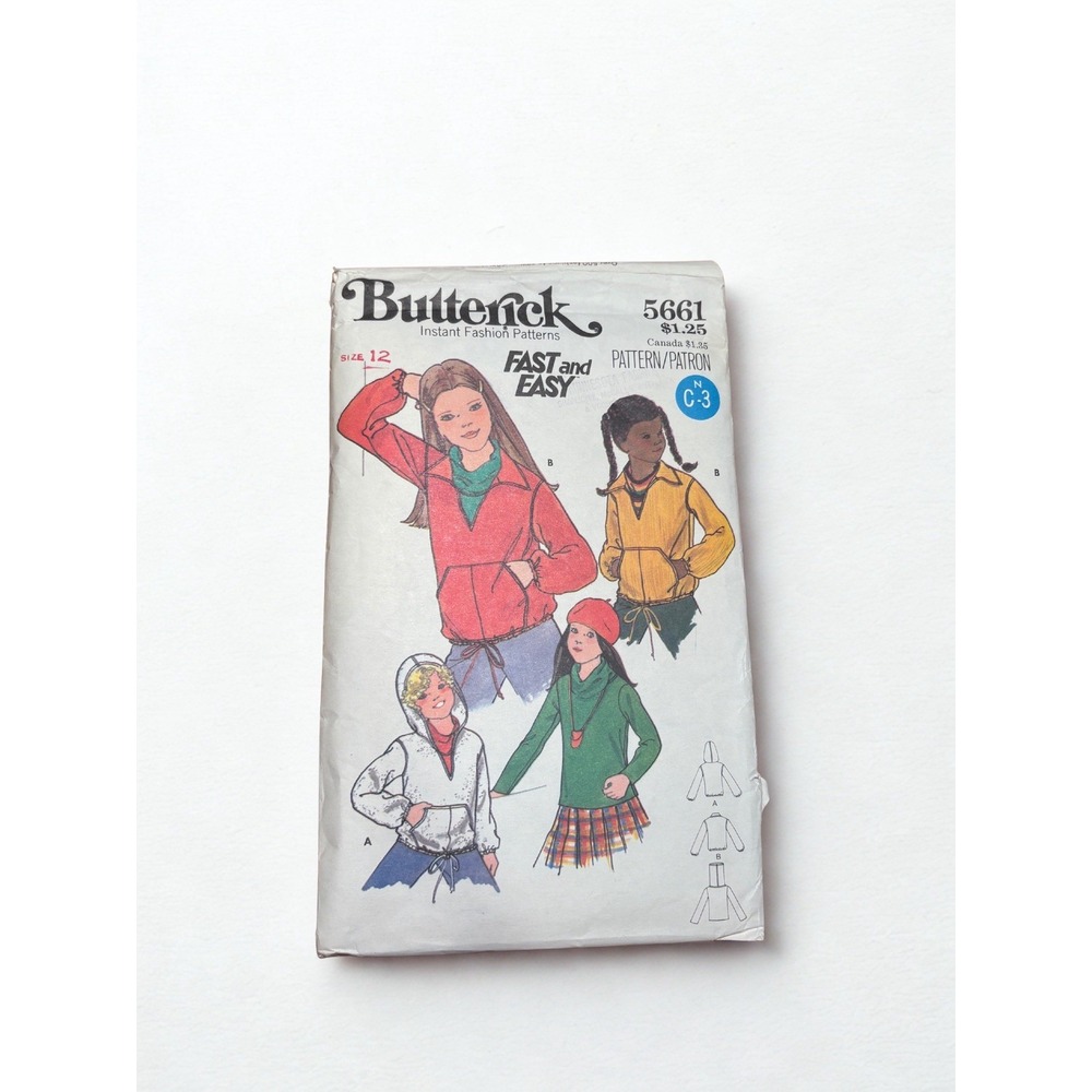 Vintage Butterick 5661 Girls Top & Hooded Jacket Sewing Pattern Size 12 Uncut